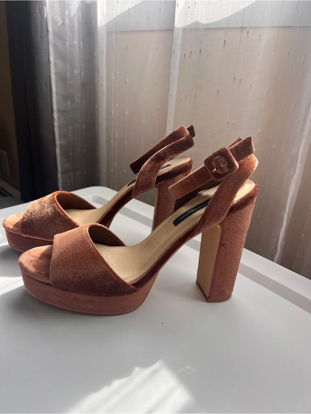 French Connection Taryn Copper Brown Velvet Platform Ankle-Strap Heels